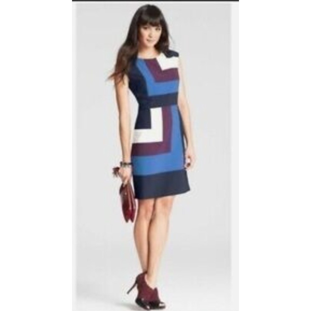 Ann Taylor Colorblock Sheath Dress Navy Blue Purple Cream Blue Size 10